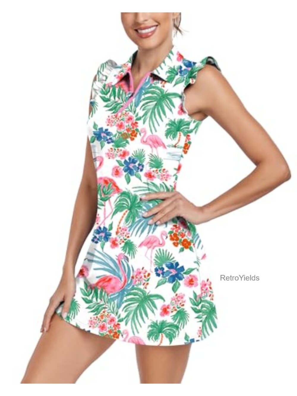 Soneven Sleeveless Tennis Golf Dress with Shorts Pockets Ruffle Sleeve UPF50+